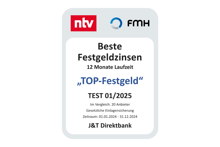 J&T Direktbank erhält Auszeichnung „TOP-Festgeld“ für die besten Festgeldzinsen